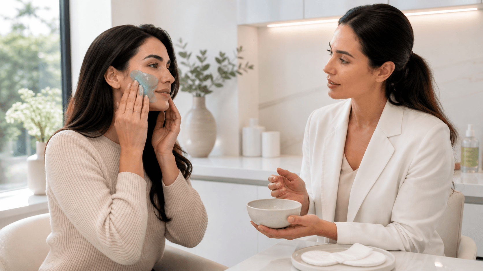 Woman gently touching her cheek in a bright, soft-toned clinical setting with pastel skincare accents.