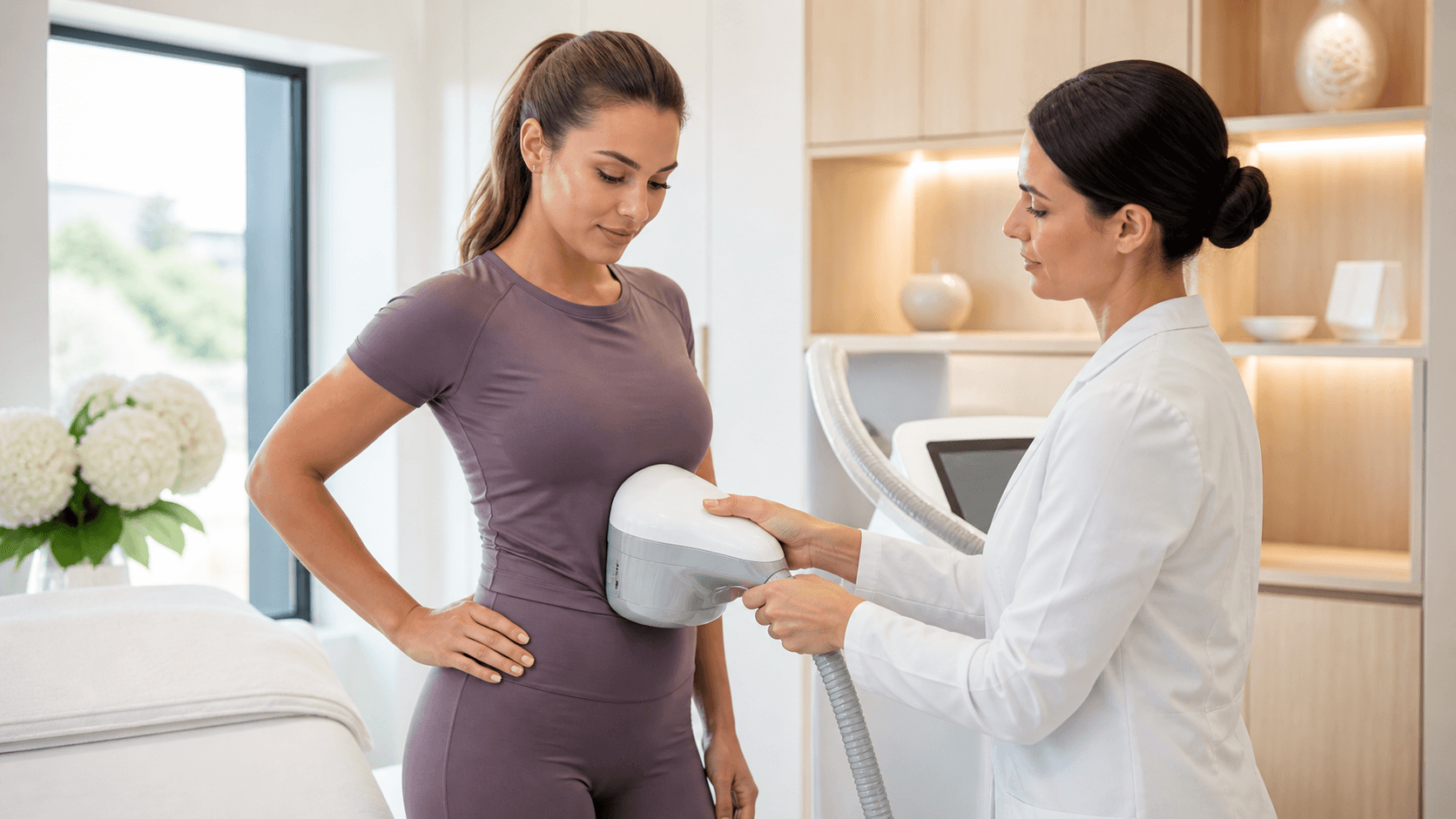 Woman receiving noninvasive body contouring treatment with a handheld device in a bright clinical room