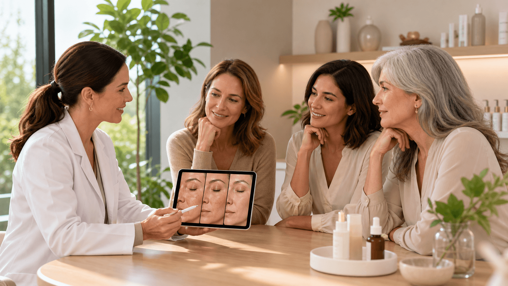 Three women of different ages with glowing skin pose against a soft beige background.