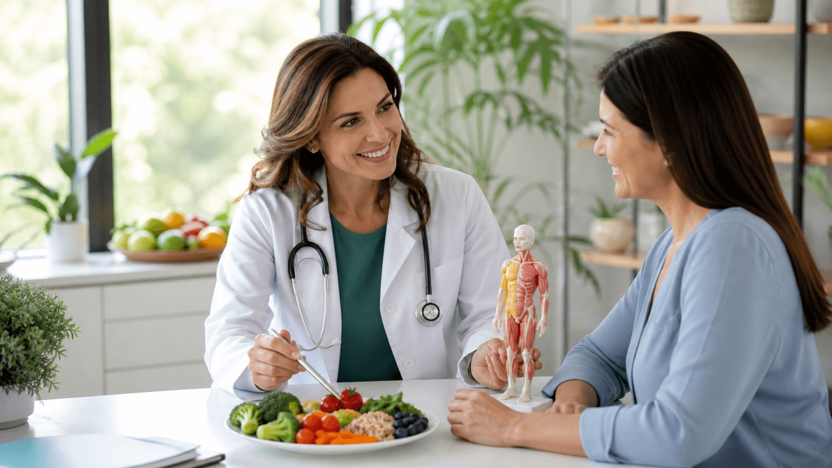Smiling woman measuring her waist beside a scale, with fresh vegetables on a bright white table.