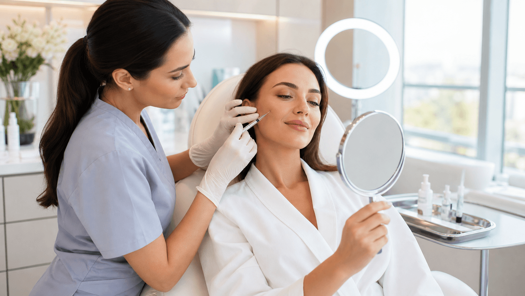 Woman’s face with subtle glowing highlights, surrounded by sleek medical icons on a clean pastel background.