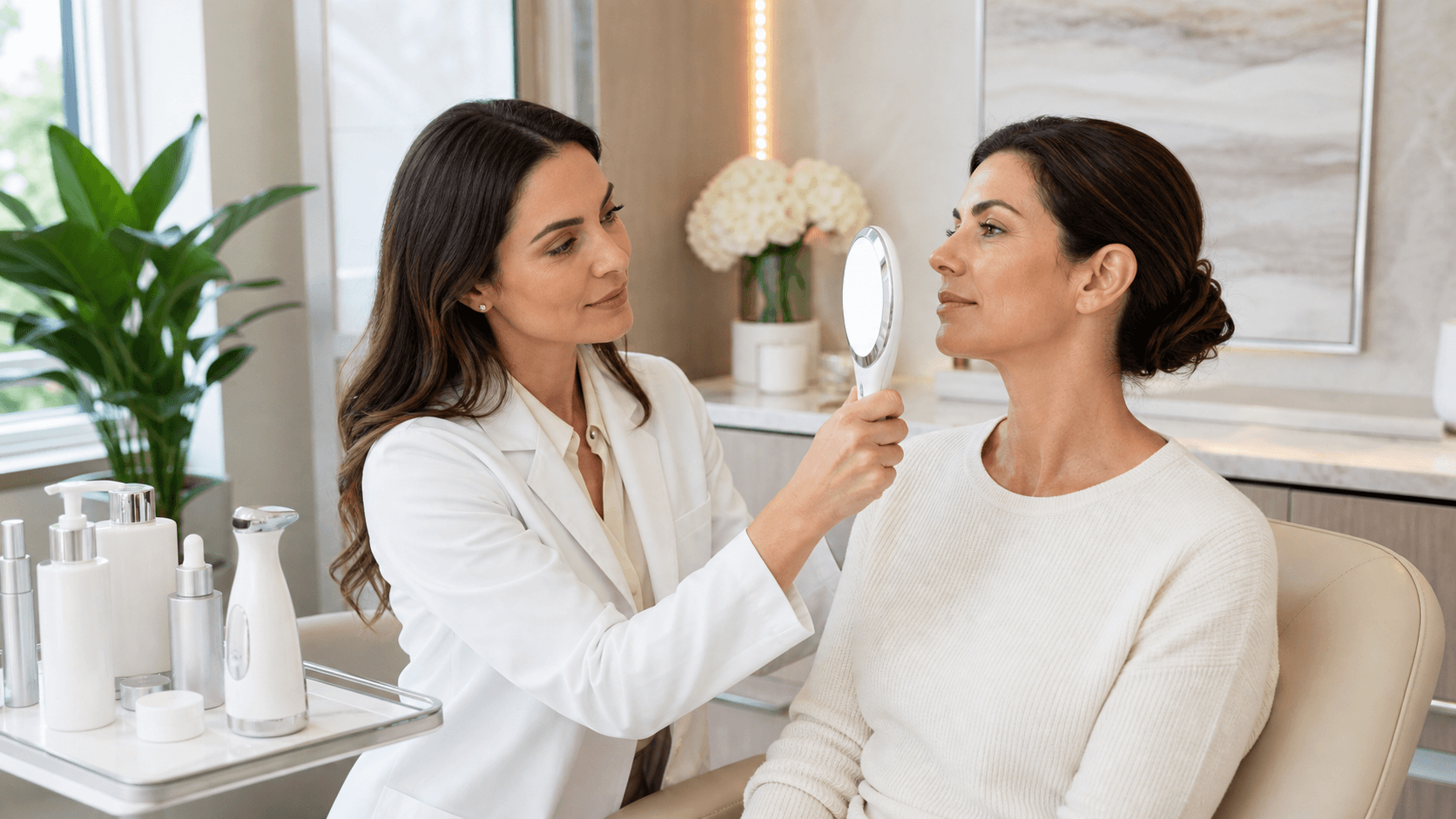 Woman’s face in soft profile beside skincare bottles, with warm beige tones and gentle natural lighting.