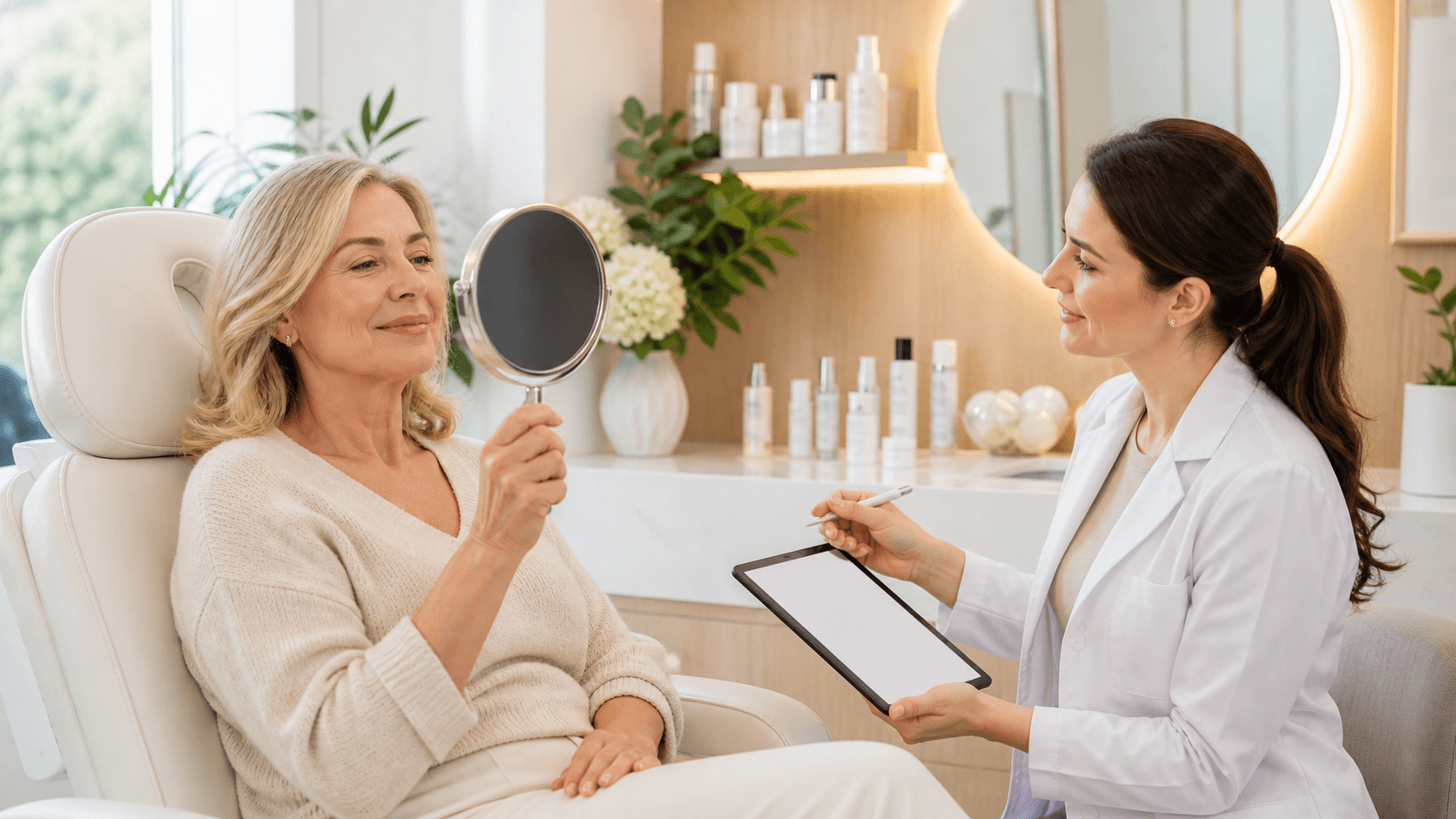 Woman receiving a facial treatment in a bright spa, with skincare bottles and soft blue lighting.