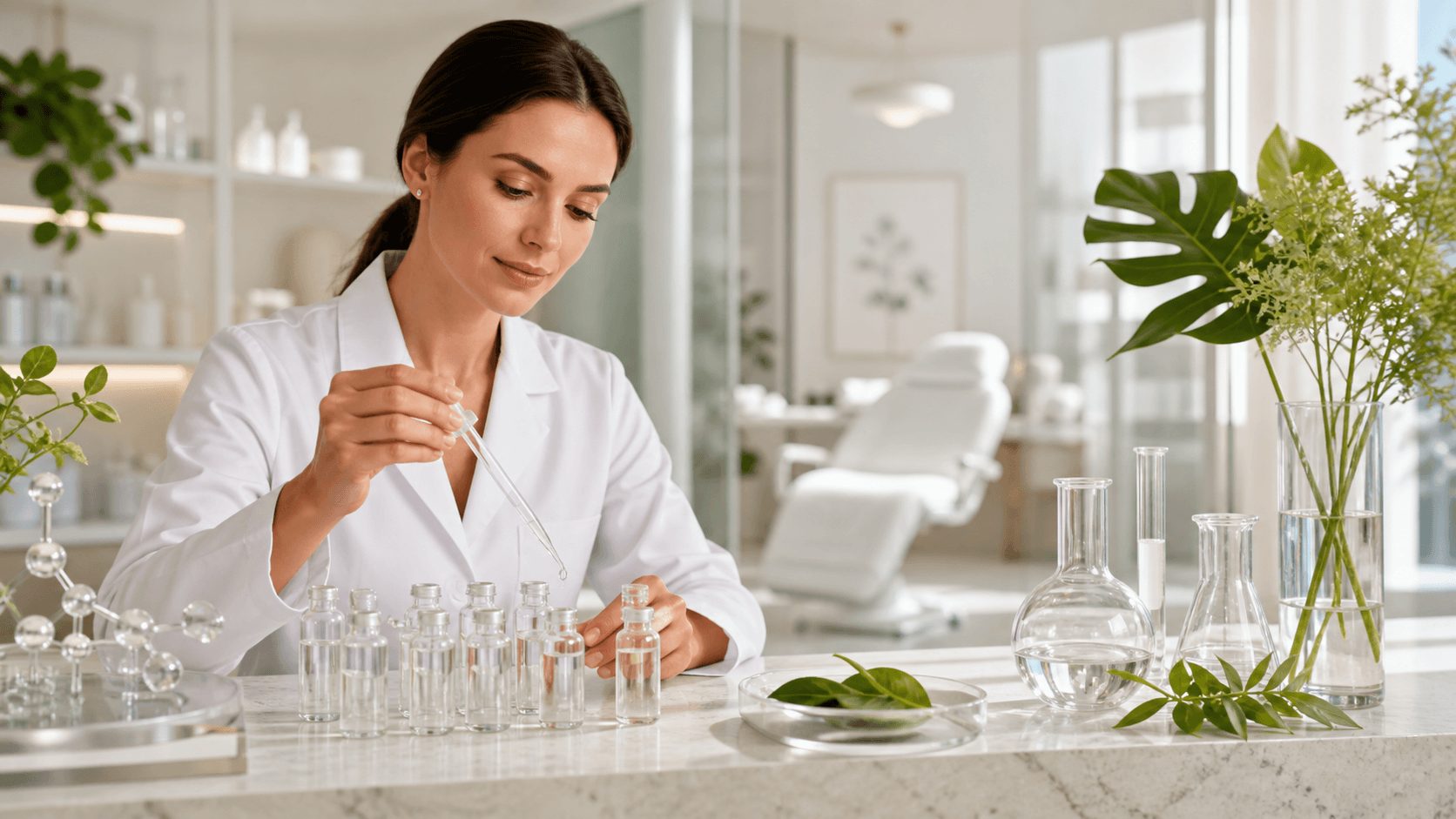 Glowing glass skincare bottles and molecular structures arranged on a soft blue scientific background.