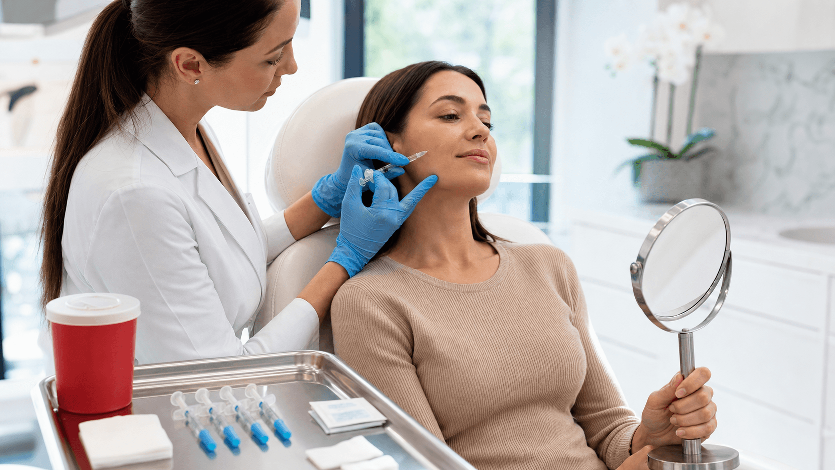 Gloved hands hold a syringe near a woman's cheek in a bright white clinic, with soft lighting and clean background.