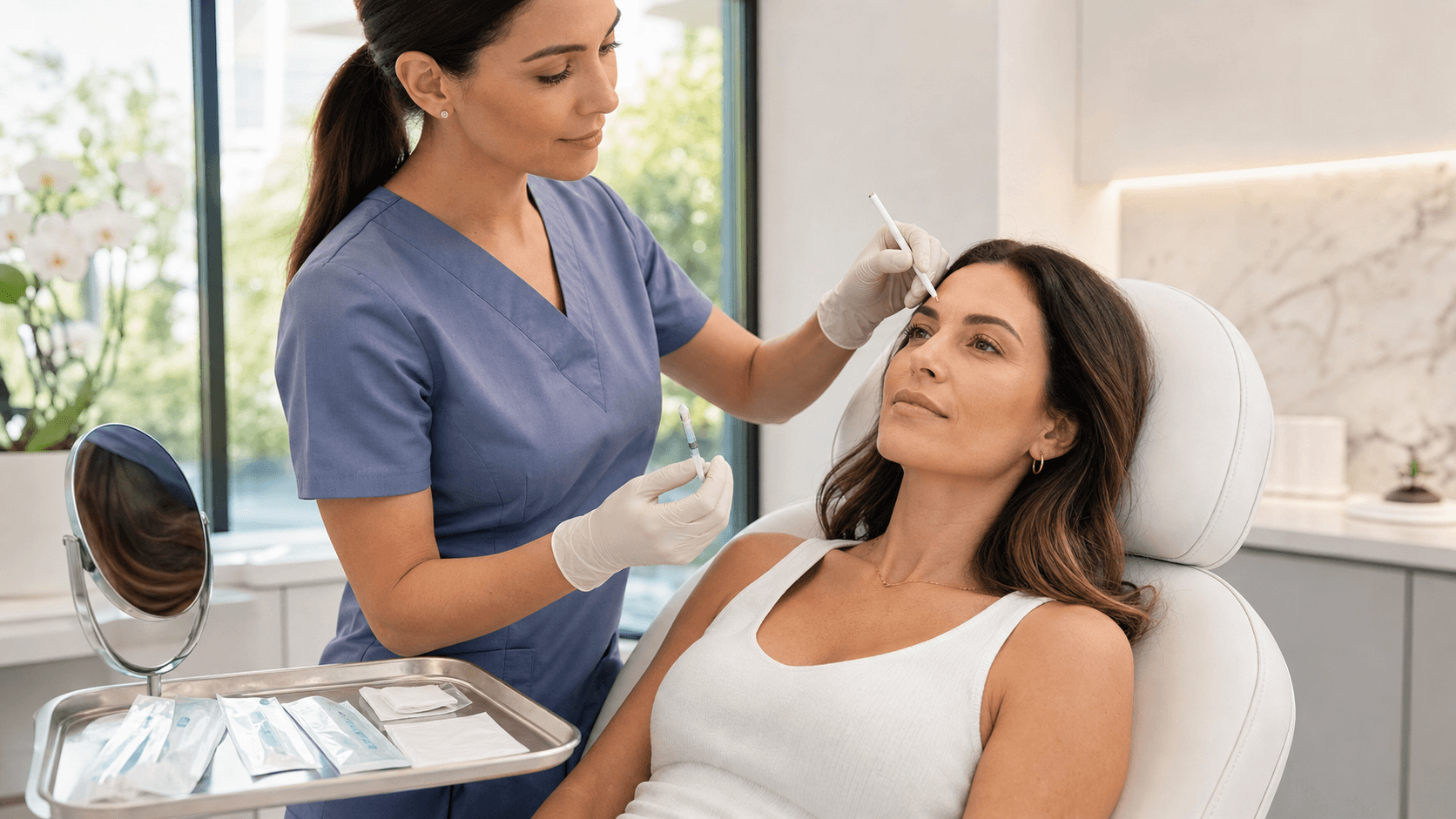 Gloved hands hold a syringe near a woman’s forehead in a bright, clean clinic with soft neutral tones.
