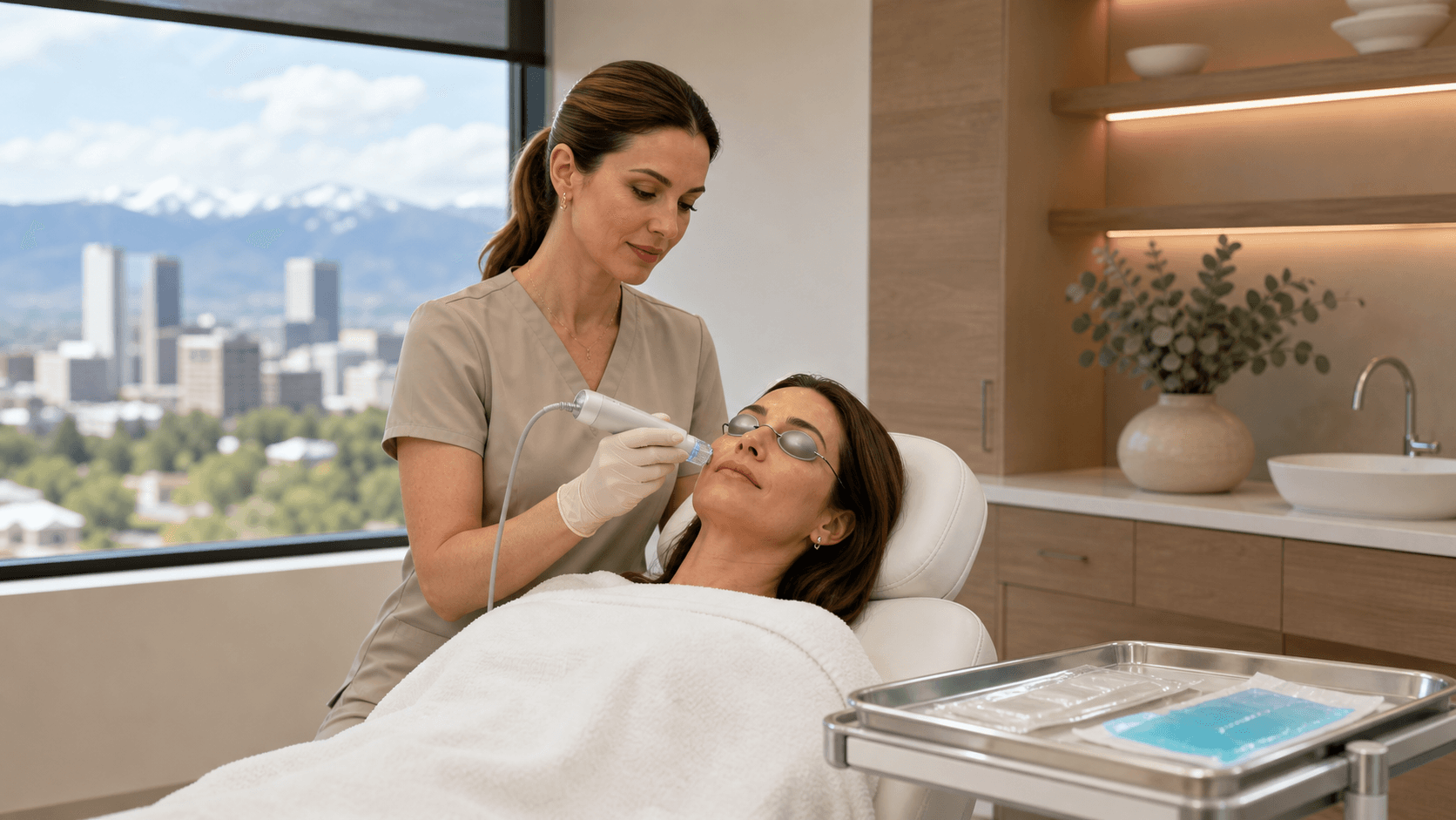 Close-up of a woman receiving RF microneedling treatment on her cheek with a handheld device.