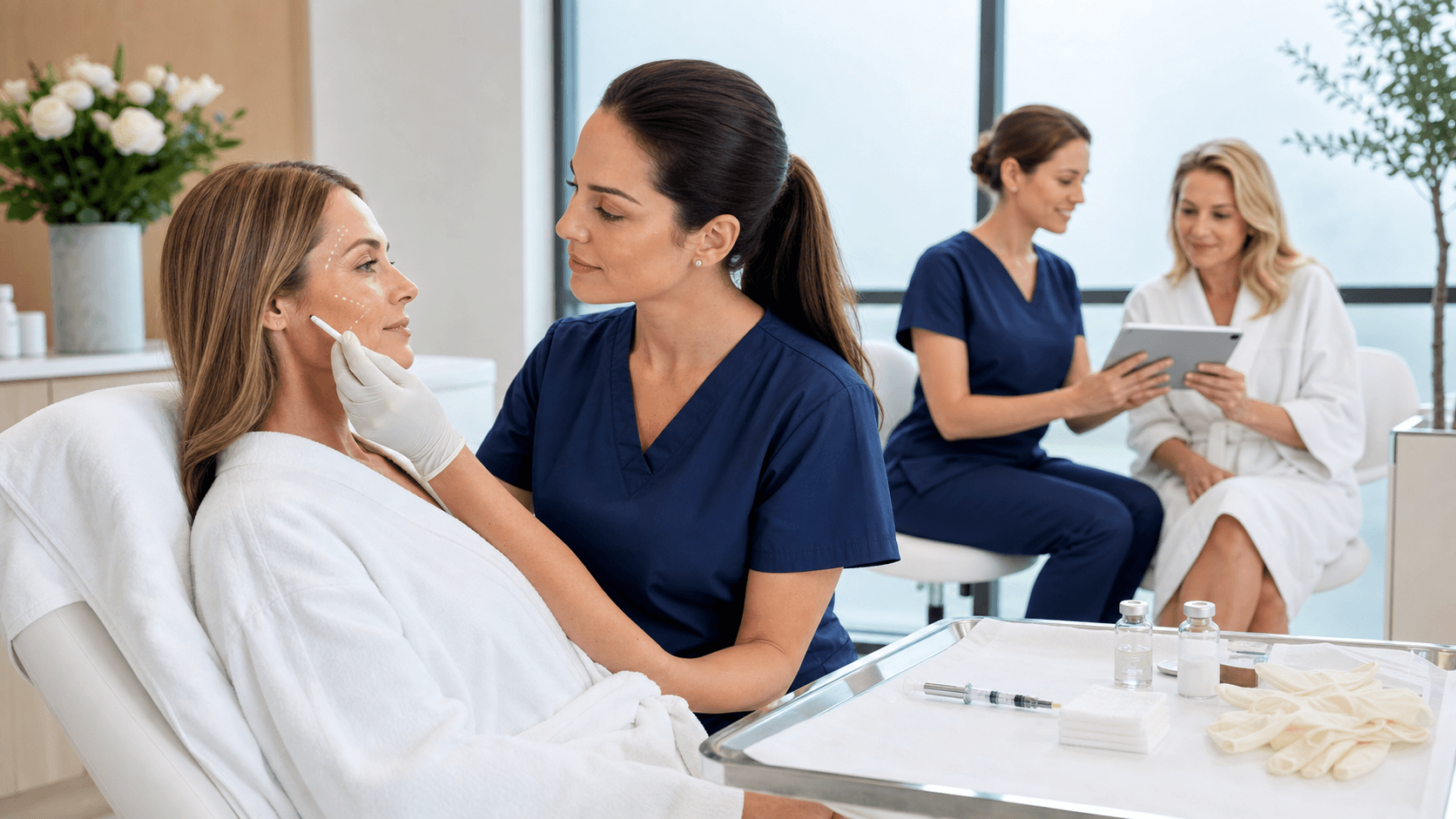Serene spa scene with a woman receiving a facial, soft white towels, warm lighting, and clean minimalist decor