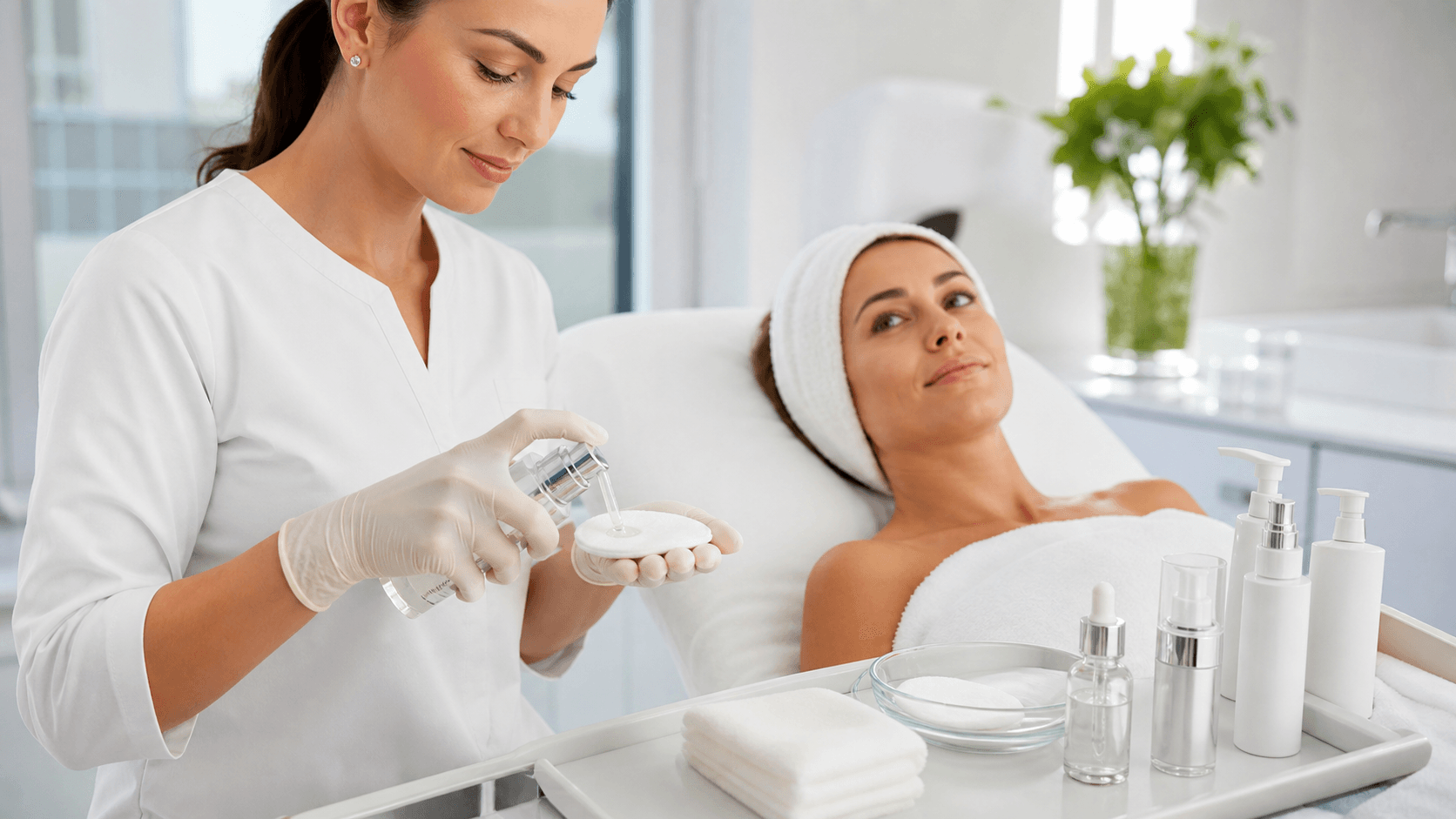 White skincare bottles and serum dropper on a clean light-blue background with soft shadows and bright lighting